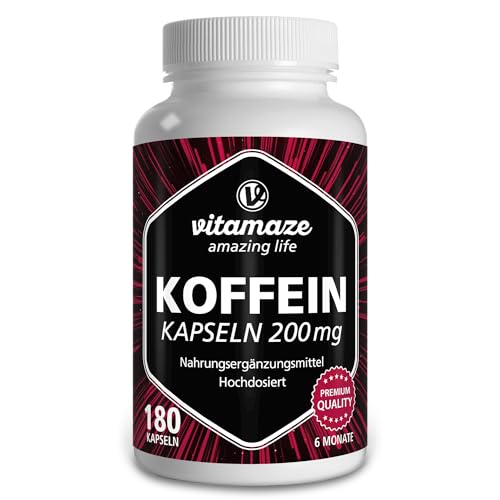 Koffein Kapseln hochdosiert, 180 Kapseln mit 200 mg reinem Koffein Pulver für 6 Monate, 2 Tassen Kaffee in einer Kapsel, Nahrungsergänzung ohne unnötige Zusatzstoffe, Made in Germany