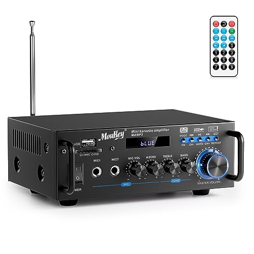 Moukey 2.0 Kanal Stereo Bluetooth Karaoke Verstärker, 100W Stereo Audio Verstärker Empfänger, Verstärker HiFi mit RCA, USB, SD, 2 Mic Eingänge, FM Radio für Auto oder Zuhause, MAMP3
