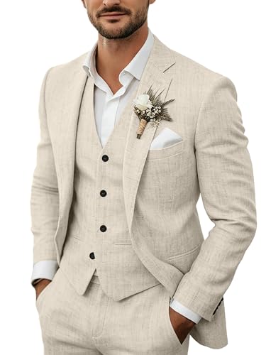 3-teiliges Herren-Anzug-Set aus Leinen, lässig, leicht, Blazer, Jacken, Westen, Hosen, Set für Hochzeit, Business, Abschlussball, Anzug, Beige, M