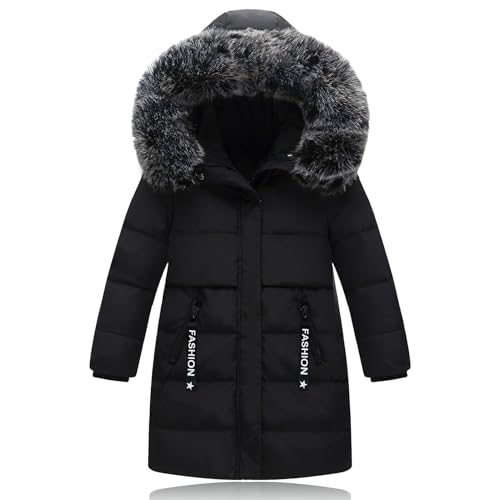 Tilozs Kinder Winterjacke Mädchen Wintermantel Länge Steppjacke Trenchcoat Winter Jacke Warmer Parka Mantel mit Fellkapuze Outdoor, Schwarz, 146-152(Herstellergröße: 150)