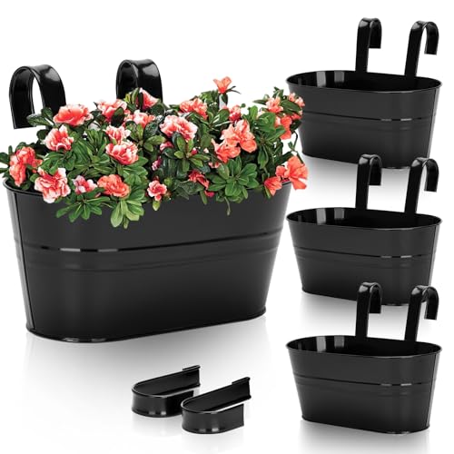 KINGLAKE 4 Stück 27CM Blumentöpfe zum Aufhängen Hängend,Schwarz Blumentopf Metall,Große Hängetopf mit Abnehmbarem Haken und Loch, für Balkon, Zäune, Fenster, Geländer-27X 22X 12cm