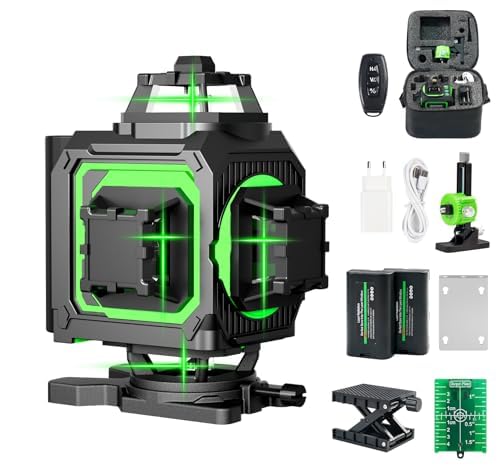 Kreuzlinienlaser Grün 16 Linien, 4 x 360 °Laser Wasserwaage, Laser Kreuzlinienlaser mit Fernbedienung für Bauarbeiten und Präzisionskalibrierung, mit 2x4000mAh Akkus, Einstellbare Helligkeit