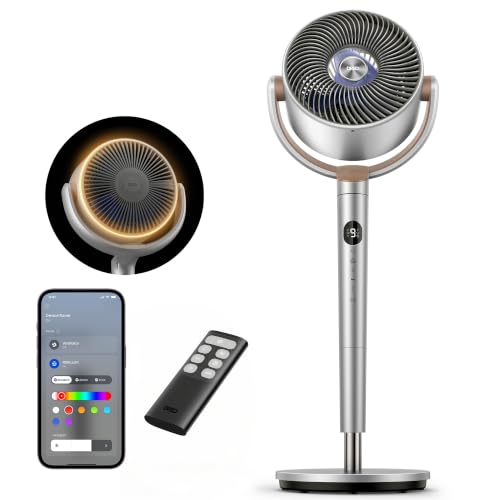 DREO Smart Standventilator mit RGB Light, 120° +120° Oszillierender Ventilator mit Fernbedienung, 20dB Leiser Bodenventilator für Schlafzimmer, 8H Timer, Silber