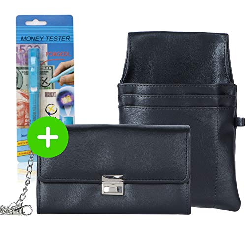 HPPY Aktion Kellnerportemonnaie – robuste Kellnerbörse mit Holster, Kette & Geldtester – Kellnertasche für Gastronomie & Taxi, Farbe: Schwarz