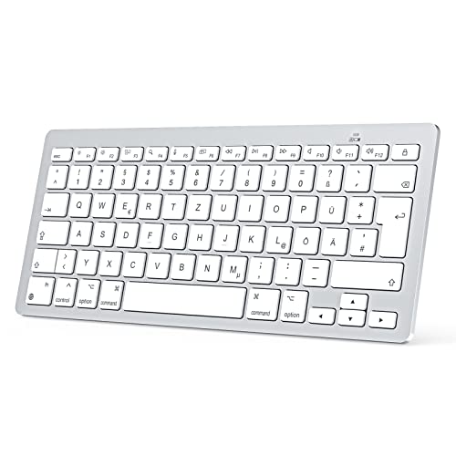 OMOTON Kabellose Mac Tastatur,stabile Bluetooth-Verbindung & ultraflaches Portabledesign, ergonomisch gestaltet, kompatibel mit MacBook Pro/Air/iMac, QWERTZ DE-Layout, Silber
