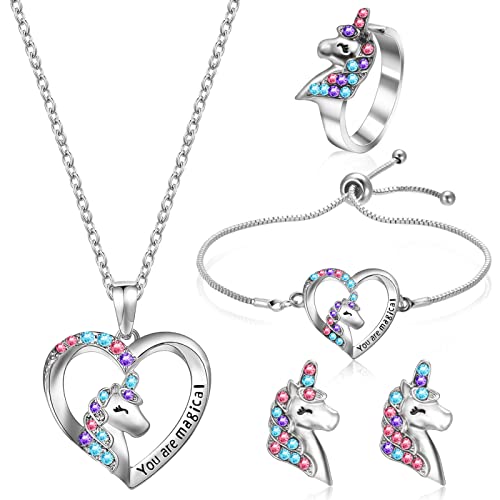 5 Stück Schmuckset Mädchen für Mädchen Einhorn Ring Ohrringe Armbänder Herz Halskette Kinderschmuck Set mit Präsentkarton für Party Dress Up Geschenk