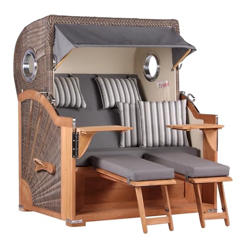 MR. DEKO® Strandkorb Baltikum 2,5-Sitzer Teak | PE Geflecht Grey | Volllieger Strandkörbe aus Teakholz mit 2 Bullaugen & Fußablagen | Polster mit 4 Kissen | Strandstuhl (Dessin 544)