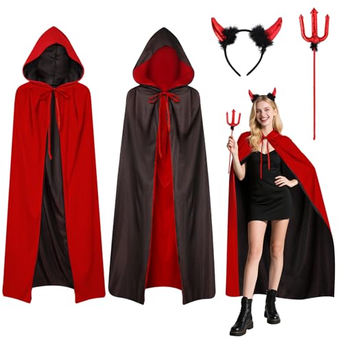 Teufel Kostüm Damen Karneval Set,150cm Doppelseitig Umhang & Teufelshörner & Stab,Roter Schwarz Umhang Teufelskostüm für Karneval Fasching Party Cosplay Faschingskostüme Teufel Accessoires