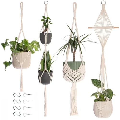 Makramee Blumenampel Hängend Innen, 4er Set Boho Deko Makramee Hängeampel mit Haken, Baumwollseil Blumentopf Hängend, Boho Zimmer Deko Aesthetic, Hängepflanzen Topf für Balkon Fenster Deko (Creme)