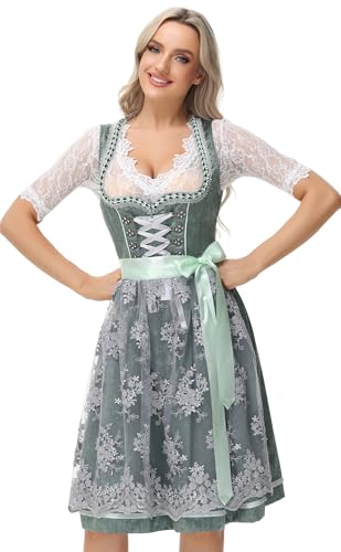 TrendiMax Trachten Damen Dirndl Midi Dirndlkleid Tachtenkleid für Oktoberfest mit Spitzenschürze, Edelgrün,42