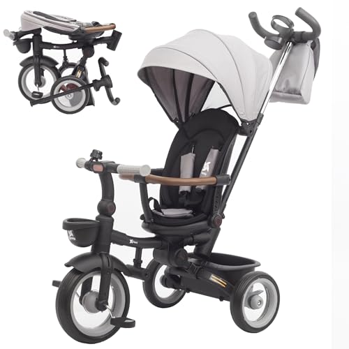 Twinly - Evolutionäres Dreirad für Babys, Sami, faltbar, mit drehbarem Sitz, um 360 Grad drehbar, 2 Jahre – Kinderwagen, Lauflernspielzeug, 1-5 Jahre oder 25 kg – Licht, ausziehbares Verdeck (Grey)
