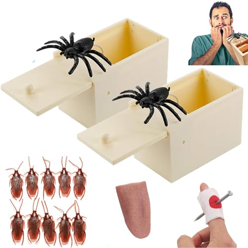 WZBBJuser Spinne In Box, Streich Spinne Scare Box, Holz Prank Spider Scare Box, Enthalten Plastic Cockroaches, Gefälschte Zunge, Streichnägel, für Kinder Erwachsene Party Favors Gifts Scherzartikel