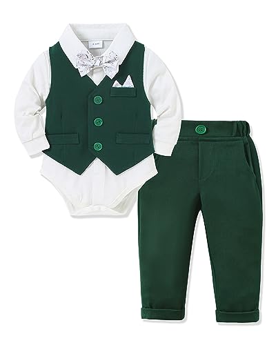 Baby Junge Anzug Taufe, Neugeborenen Taufanzug Hochzeitsoutfit Partei Babykleidung Strampler + Bowtie + Vest + Pants Set Grün 0-3 Monate