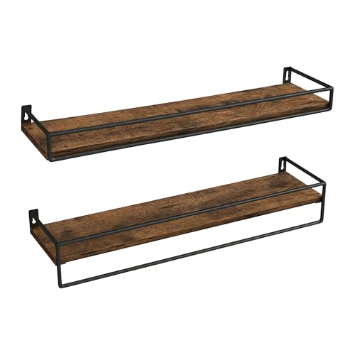 VASAGLE Wandregal, 2er Set, Schweberegal mit Stange, Wandboard, Aufbewahrung, an der Wand, für Küche, Schlafzimmer, Wohnzimmer, vintagebraun-tintenschwarz, 60 cm breit LWS461KD01