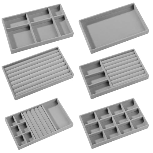 Duscdesp 6Pcs Schmucktablett,Schmuckaufbewahrung,Schmuck Organizer Schublade,Samt Stapelbar Schmuckeinsatz,Schmuckaufbewahrung Schublade für Ohrringe Ring Armband Broschen Halsketten (Grau)