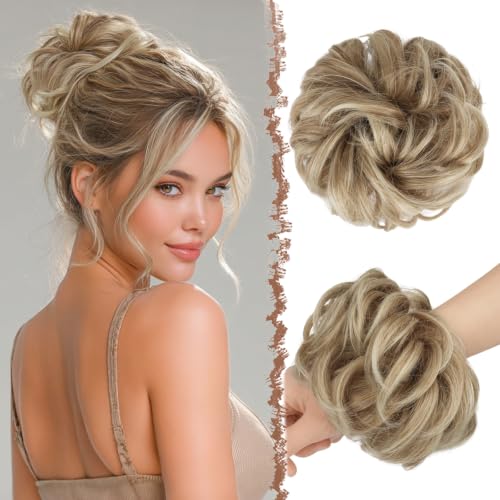 FESHFEN Haarteil Mit Gummiband, Groß Dutt Haarteil Haargummi Mit Haaren Gelockt Haardutt Synthetisch Haarverlängerung Pferdeschwanz Haarteile für Damen Mädchen, Gemischte Blond & Aschblond Spitzen 55g