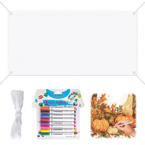 Große Leere Banner Selbst Gestalten, 200X100cm Weiß Polyester Banner Personalisiert mit 8-Farbigen Textilstiften und 6m Aufhängeseil, Leinwand zum Bemalen für Geburtstags und Partys