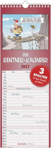 Rentner-Kalender 2027: Familienplaner 15x42 cm mit 3 Spalten, 100-jährigem Kalender, Rätselspaß & Gesundheitstipps, ideal für Rentner