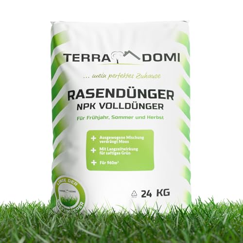 TerraDomi Rasendünger Frühjahr & Sommer 24kg NPK 15-15-15 I Dünger mit Langzeitwirkung I verdrängt Moos I für über 960 m² Rasen I streuwagengeeigneter Dünger | staubarm & mit extra Schwefel