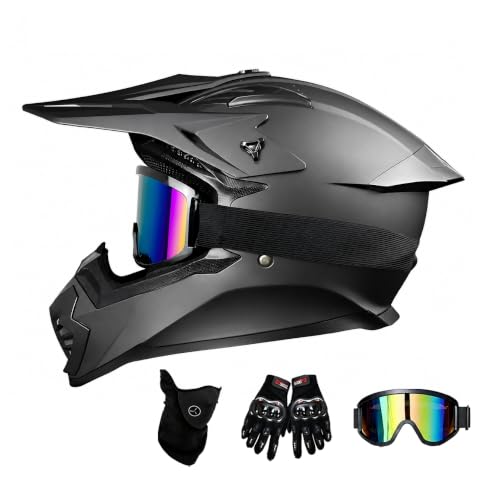 Motocross Helm Set mit Brille, Handschuhe & Sturmhaube, Crosshelm Fullface Enduro Dirt Bike Quad Supermoto Downhill MTB Helm für Erwachsene (Schwarz, S-M(55-58cm))