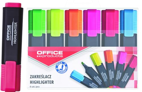 OFFICER PRODUCTS Textmarker Leuchtend 6er Pack, Gelb, Orange, Rosa, Grün, Rot, Blau, Keilspitze Leuchtfarben, Strichstärke 1-5mm