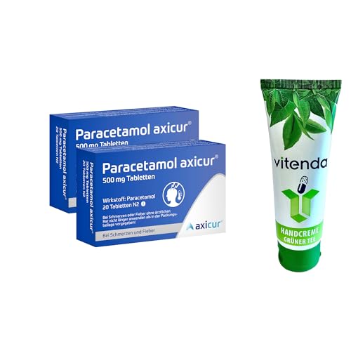 Paracetamol Axicur 500 mg Tabletten 2x20 Stück inclusive einer Handcreme von vitenda - Der gut verträgliche Klassiker hilft gegen Schmerzen und Fieber