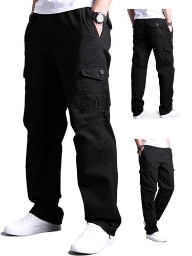 Aotoyou Cargohose Herren Baumwolle Cargo Hose Lange Freizeithose mit 7 Taschen und Elastische Taille Outdoorhose Wanderhose, Schwarz XL