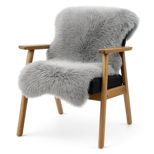 KARAT Lammfell echt - Grey Flauschige Stuhlkissen Schaffell Deko Teppich für Wohzimmer & Kinderzimmer, Sitzauflage, Dekofell, mit Lederrücken 90x60 cm (Audrey)