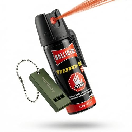 Pfefferspray mit Panikverschluss 50ml – KO-Spray & Tierabwehrspray zur Selbstverteidigung mit 4m Reichweite – Sicherheits-Set inklusive lauter Signalpfeife (1)