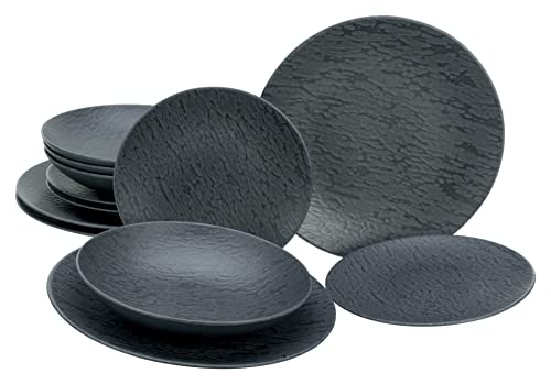 CreaTable, 20540, Serie Schiefer Black, 12-teiliges Geschirrset, Teller Set aus Steinzeug, spülmaschinen- und mikrowellengeeignet, Made in Portugal
