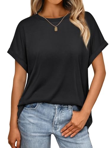 Cuptacc Tshirt Damen Sommer Kurzarm Rundhals T-Shirt Basic Oversize Top Damen Einfarbig Oberteil Lässig XL 46-48 Schwarz