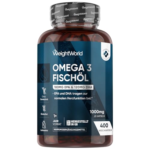 Omega 3 Öl Kapseln - 400 Weichkapseln - 1+ Jahr Vorrat - 1000mg Fischöl pro WeichKapsel - Essentielle Omega 3 Fettsäuren mit EPA 180 mg & DHA 120mg - Fisch öl Softgels - Glutenfrei - WeightWorld