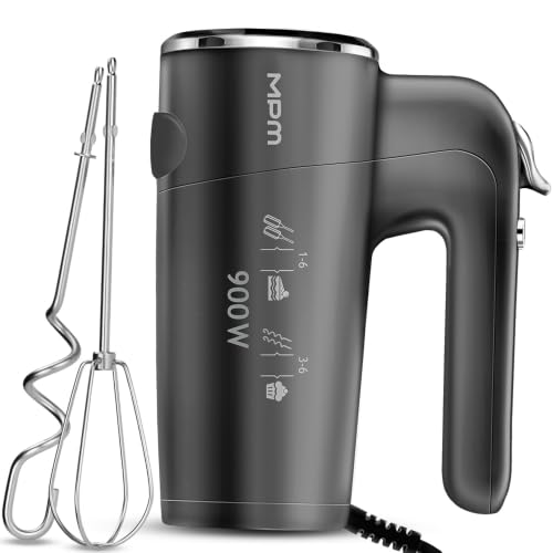 MPM Handmixer 900W - 6 Geschwindigkeitsstufen + Turbo, 4 Lange Rühraufsätze