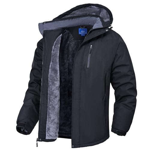 Rapoo Winterjacke Herren Skijacke mit Kapuze Warme Fleecejacke Jacke Arbeitsjacke mit Multi Taschen Dicke Hardshelljacke Männer Kurz Parka Schwarz XL