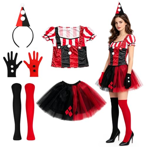 BNLIK Halloween Clown Kostüm Damen: Halloween Kostüm Clown Accessoires | Harlekin Hut Haarreif Handschuhe Strumpfhose Tütü Rock für Karneval Cosplay Mottoparty