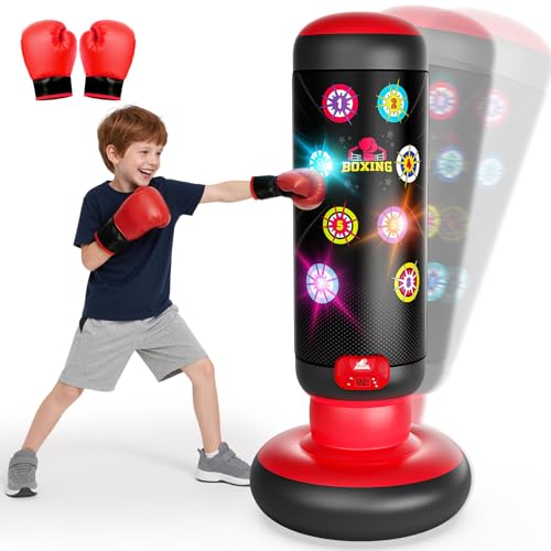 Boxsack Kinder, Boxsack Stehend mit Musik & Licht, 2026 Upgrade Interaktiv Punching Bag, Aufblasbarer Standboxsack mit Boxhandschuh Geschenke für 6-12 Jahren Kinder