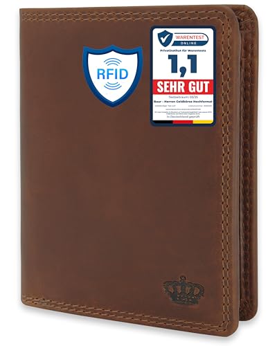 Baur Herren Geldbörse – Echtes Leder mit RFID-Schutz – Großes Vollleder-Portemonnaie im Hochformat mit 12 Kartenfächern – Großes Münzfach (Hochformat mit Druckknopf innen, Dunkel Braun)
