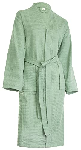 Brandsseller Unisex Bademantel aus Baumwolle M – Leichter Morgenmantel aus Waffel-Piqué für Damen & Herren – Saunamantel/Hausmantel für Wellness & Zuhause - Grün