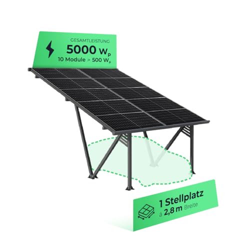 Solarway Solar-Carport Gestell aus Aluminium mit 5000 Watt - inklusive 10 Solarpanels mit je 500 Watt - versiegeltes Dach mit Regenrinne für besten Witterungsschutz