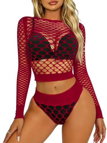 Buitifo Damen Dessous-Sets Sexy Lingerie Fischnetz Sexy Bodys Nachtwäsche(dunkelrot WG,Einheitsgröße)