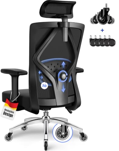 Daccormax Bürostuhl, Bürostuhl Ergonomisch Schreibtischstuhl mit Verstellbaren Armlehnen, Kopfstütze und weiche Lendenstütze aus Naturschwamm, Chefsessel Drehstuhl Wippfunktion 200kg, Schwarz