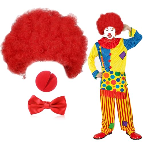 UILYNIU 3 Stück Clown Kostüm Set Herren Damen Clown Perücke Rot Perücke Lockige Clownsnasen Fliege für Party Karneval (Rot)