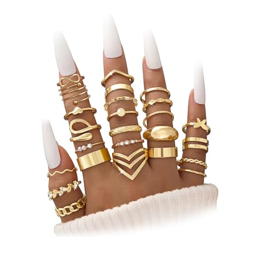 Mrltau 25 Stück Stapelbar Gold Ring Set - Statement und Niedlich Trendig Goldene Ringe für Frauen - Wasserfest