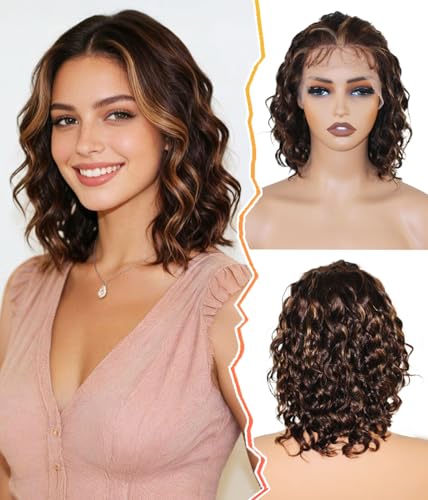 ManeMajesty 100% Echthaar Body Wave Perücke mit Spitzenfront 33x15 cm, Vorgezupft, HD Unsichtbare Spitze, Klebefrei für Damen 30 CM FS4/27