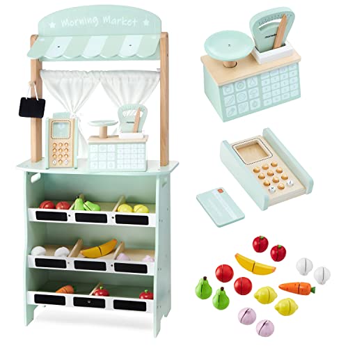 mamabrum 2-in-1 Kaufladen & Theater-Set, Holz-Marktstand mit Waage & Bezahlterminal, 16-teilbares Obst & Gemüse, Vorhang & Kreidetafel - Spielset für Kinder (21 Teile)