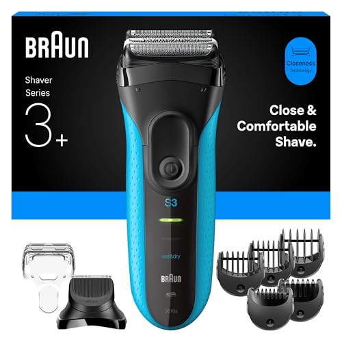 Braun Series 3+ Rasierer Herren Elektrisch, Elektrorasierer mit 3 Flexiblen Klingen, Rasierapparat Made in Germany, Barttrimmer-Aufsatz, +5 Kammaufsätze, Nass- & Trockenrasierer, 3010BT, Blau