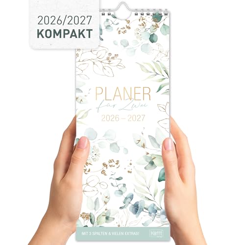 Häfft® Planer für zwei 2026/2027 „Blattgold“ – Paarkalender 17 Monate (Aug 26 - Dez 27) – Wandkalender für 2 Personen, 3 Spalten, schmaler Wandplaner 13x31,9 cm