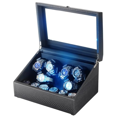 Isili Watch Winder für Automatikuhren, Luxus-Uhrenbeweger mit LED-Beleuchtung, 6er Uhrenbeweger + 6 Staufächer mit leisen Motoren, Geschenk für Männer & Frauen (PU-Schlangenleder)