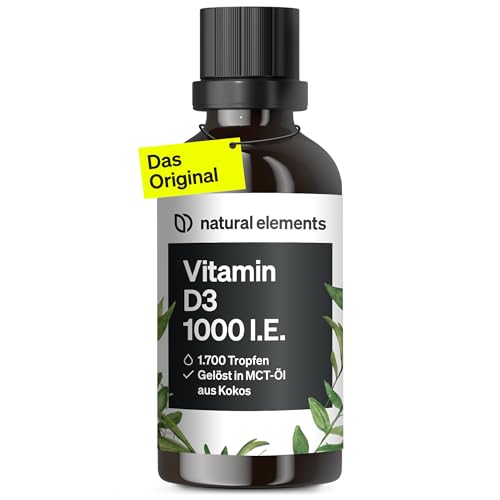 natural elements Vitamin D3 Tropfen – 1000 I.E. pro Tagesdosis (1 Tropfen) – Langzeitvorrat mit 50 ml – für beste Bioverfügbarkeit in MCT-Kokosöl gelöst – flüssig, hochdosiert, vegetarisch