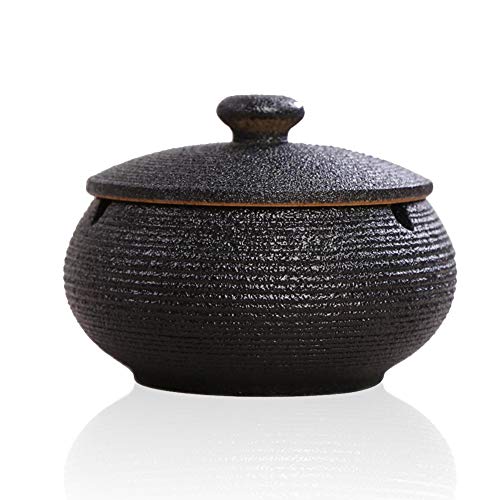 Lependor Aschenbecher aus Keramik mit Deckel, winddicht, Zigarettenaschenbecher für den Innen- oder Außenbereich ， Aschenhalter für Raucher, Desktop-Aschenbecher für die Inneneinrichtung - Schwarz